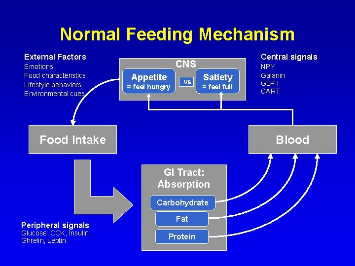 Normal Feeding Mechanism External Factors Emotions Food characteristics Lifestyle behaviors Environmental cues Central signals