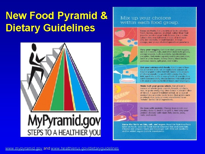 New Food Pyramid & Dietary Guidelines www. mypyramid. gov and www. healthierus. gov/dietaryguidelines 