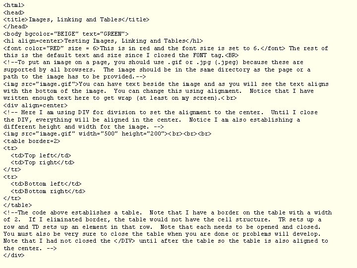 <html> <head> <title>Images, Linking and Tables</title> </head> <body bgcolor="BEIGE" text="GREEN"> <h 1 align=center>Testing Images,