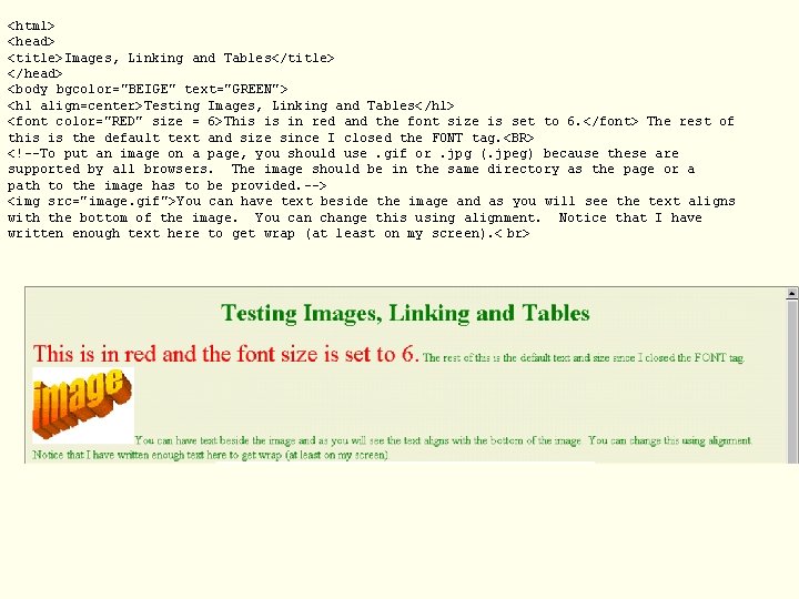 <html> <head> <title>Images, Linking and Tables</title> </head> <body bgcolor="BEIGE" text="GREEN"> <h 1 align=center>Testing Images,