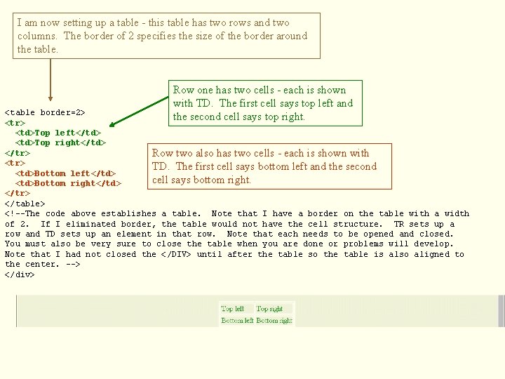 I am now setting up a table - this table has two rows and