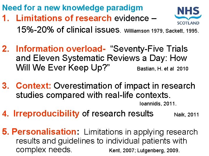 Need for a new knowledge paradigm 1. Limitations of research evidence – 15%-20% of