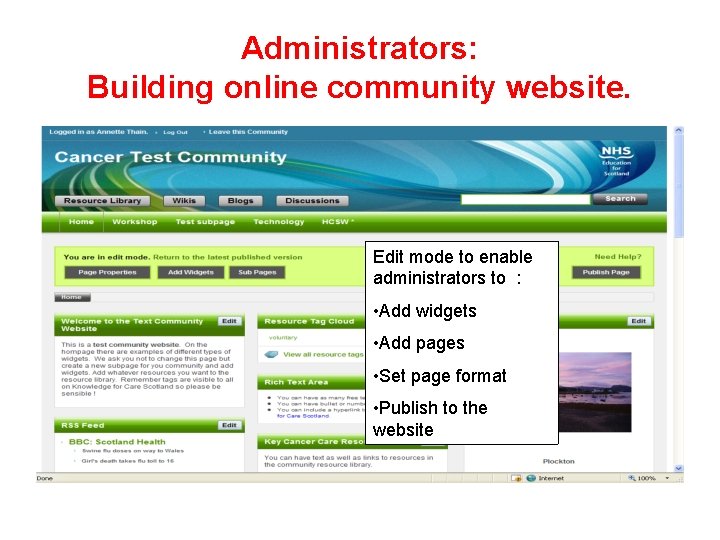 Administrators: Building online community website. Edit mode to enable administrators to : • Add