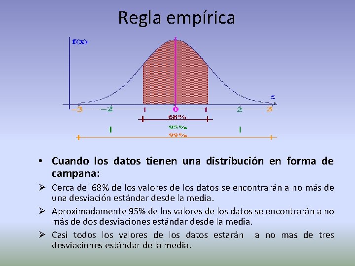 Regla empírica • Cuando los datos tienen una distribución en forma de campana: Ø