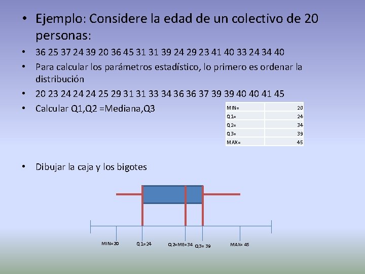  • Ejemplo: Considere la edad de un colectivo de 20 personas: • 36