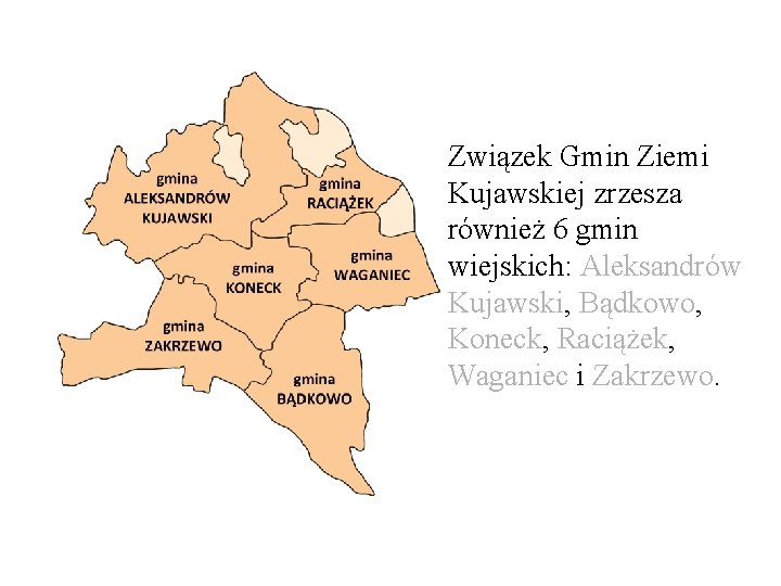 Związek Gmin Ziemi Kujawskiej zrzesza również 6 gmin wiejskich: Aleksandrów Kujawski, Bądkowo, Koneck, Raciążek,