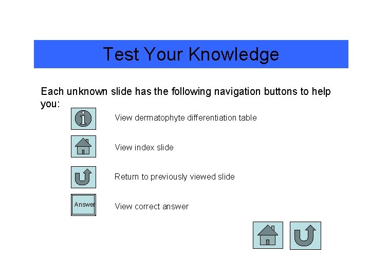 Test Your Knowledge Each unknown slide has the following navigation buttons to help you: Test Your Knowledge Each unknown slide has the following navigation buttons to help you: