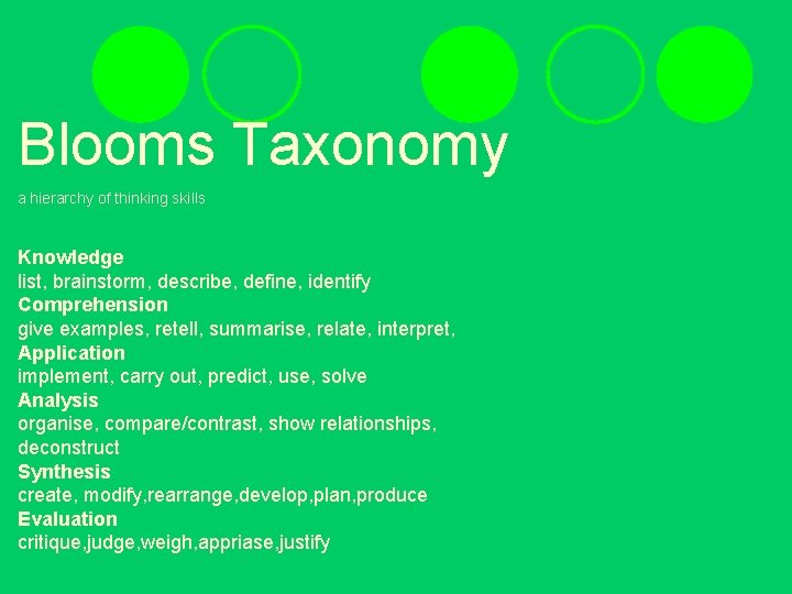 Blooms Taxonomy a hierarchy of thinking skills Knowledge list, brainstorm, describe, define, identify Comprehension