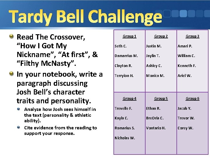 Tardy Bell Challenge Read The Crossover, “How I Got My Nickname”, “At first”, &