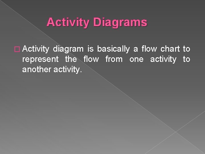 Activity Diagrams � Activity diagram is basically a flow chart to represent the flow