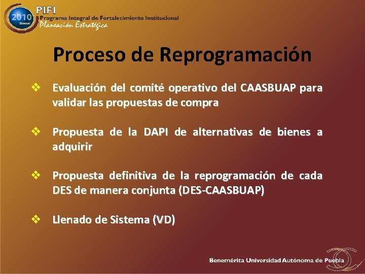 Proceso de Reprogramación v Evaluación del comité operativo del CAASBUAP para validar las propuestas