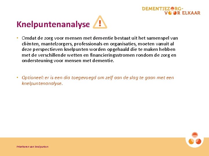 Knelpuntenanalyse • Omdat de zorg voor mensen met dementie bestaat uit het samenspel van