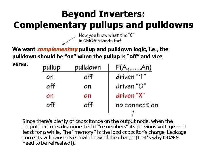 Beyond Inverters: Complementary pullups and pulldowns We want complementary pullup and pulldown logic, i.