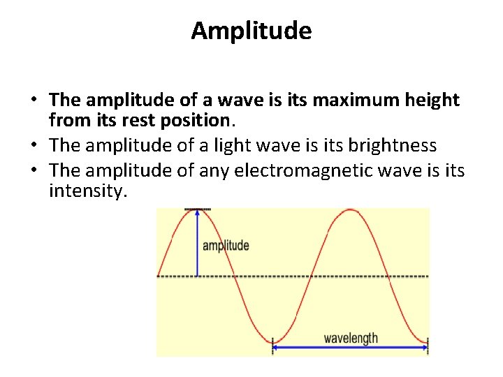 Amplitude • The amplitude of a wave is its maximum height from its rest