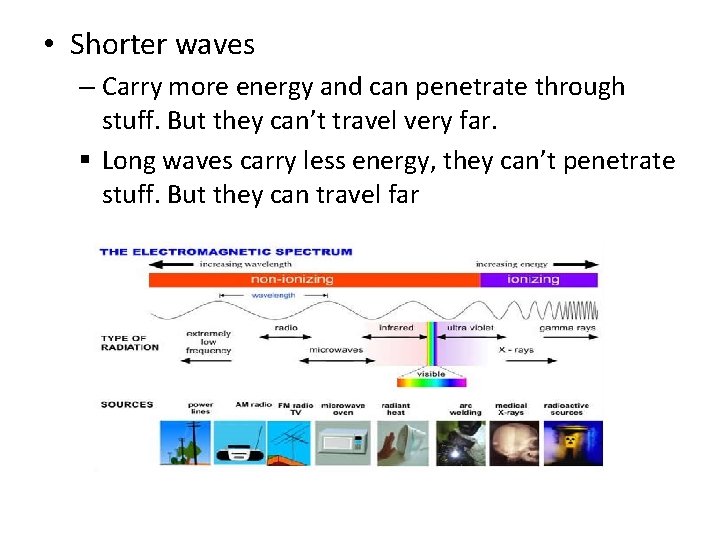  • Shorter waves – Carry more energy and can penetrate through stuff. But