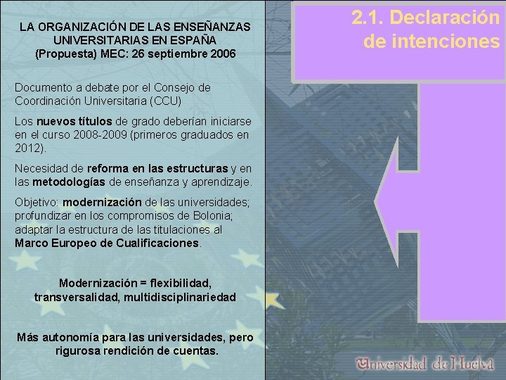 LA ORGANIZACIÓN DE LAS ENSEÑANZAS UNIVERSITARIAS EN ESPAÑA (Propuesta) MEC: 26 septiembre 2006 Documento