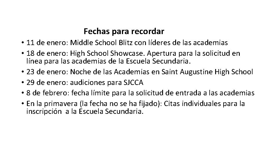 Fechas para recordar • 11 de enero: Middle School Blitz con líderes de las