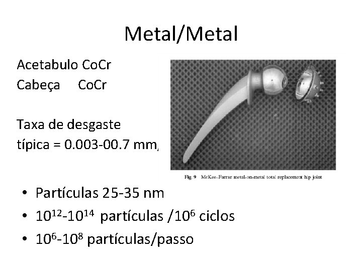 Metal/Metal Acetabulo Co. Cr Cabeça Co. Cr Taxa de desgaste típica = 0. 003