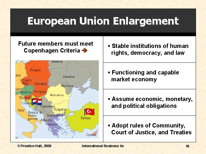 European Union Enlargement Future members must meet Copenhagen Criteria • Stable institutions of human