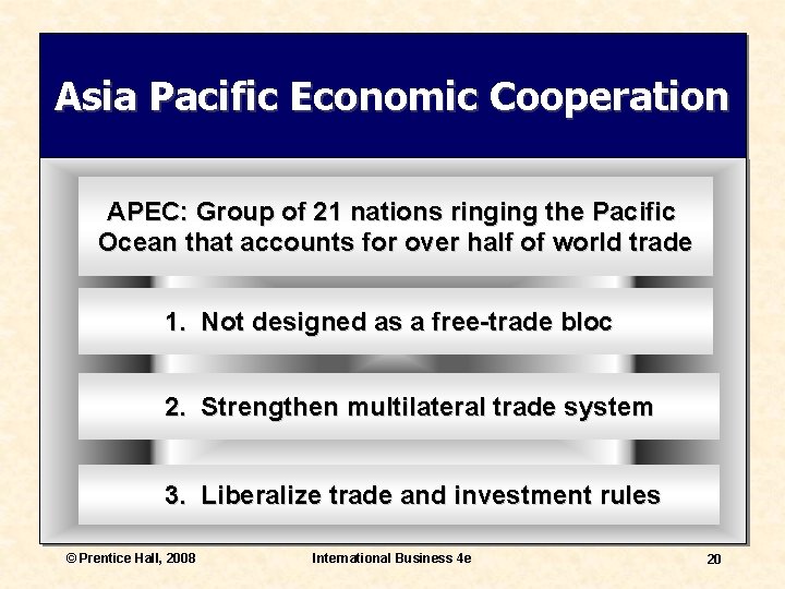 Asia Pacific Economic Cooperation APEC: Group of 21 nations ringing the Pacific Ocean that
