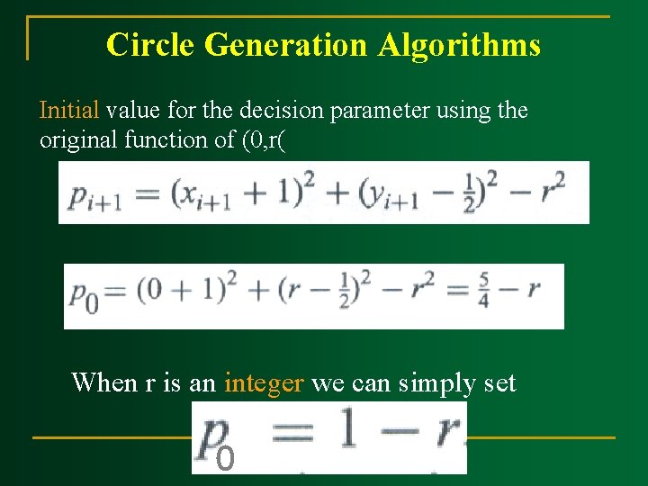 Circle Generation Algorithms Initial value for the decision parameter using the original function of