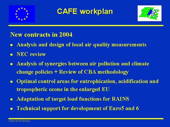 CAFE workplan New contracts in 2004 l Analysis and design of local air quality