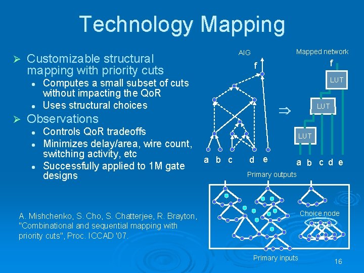 Technology Mapping Ø Customizable structural mapping with priority cuts l l Ø Mapped network