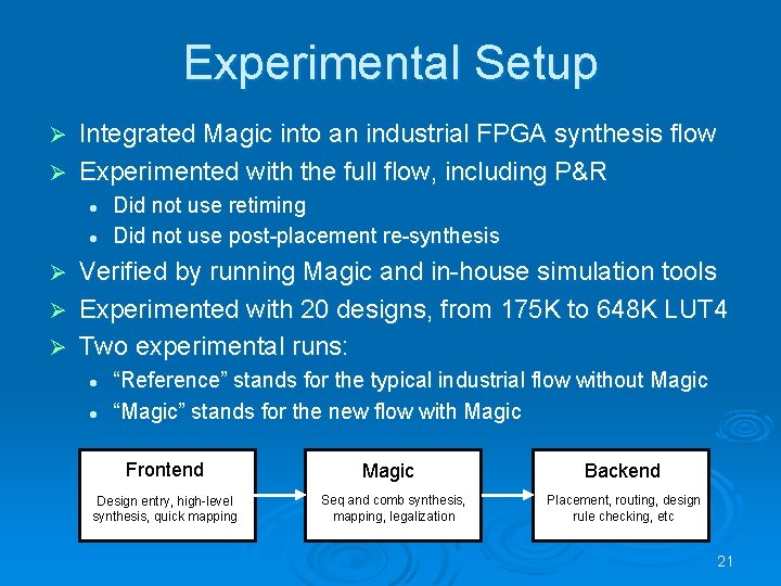 Experimental Setup Integrated Magic into an industrial FPGA synthesis flow Ø Experimented with the