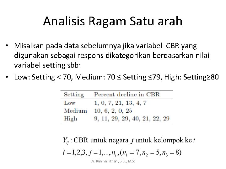 Analisis Ragam Satu arah • Misalkan pada data sebelumnya jika variabel CBR yang digunakan