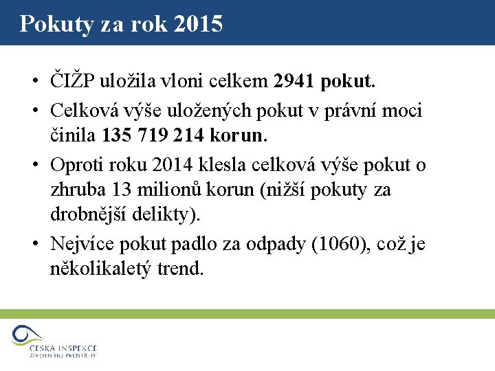 Pokuty za rok 2015 • ČIŽP uložila vloni celkem 2941 pokut. • Celková výše