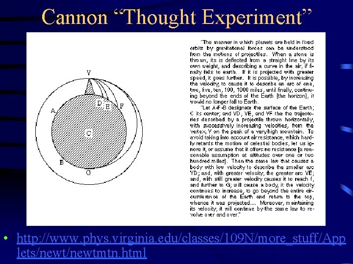 Cannon “Thought Experiment” • http: //www. phys. virginia. edu/classes/109 N/more_stuff/App lets/newtmtn. html 