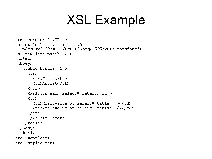 XSL Example <? xml version="1. 0“ ? > <xsl: stylesheet version="1. 0“ xmlns: xsl="http: