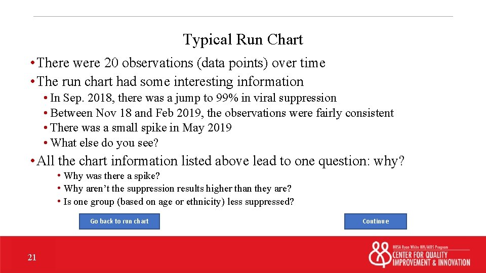 Typical Run Chart • There were 20 observations (data points) over time • The