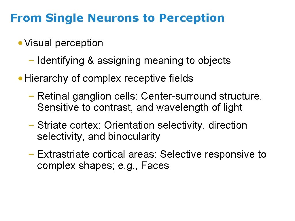 From Single Neurons to Perception • Visual perception – Identifying & assigning meaning to