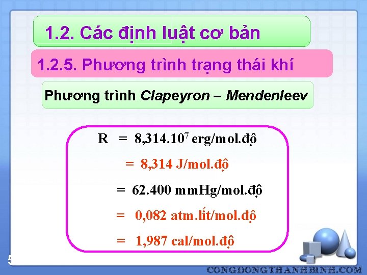 1. 2. Các định luật cơ bản 1. 2. 5. Phương trình trạng thái