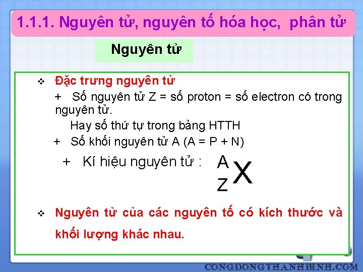 1. 1. 1. Nguyên tử, nguyên tố hóa học, phân tử Nguyên tử v