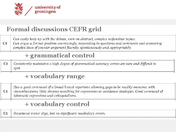 Formal discussions CEFR grid + grammatical control + vocabulary range + vocabulary control 