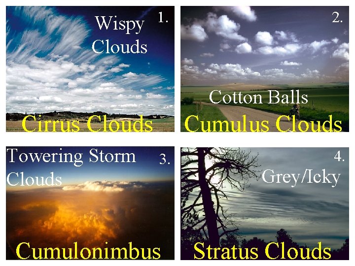 Wispy Clouds 1. 2. Cotton Balls Cirrus Clouds Towering Storm Clouds Cumulus Clouds 3.