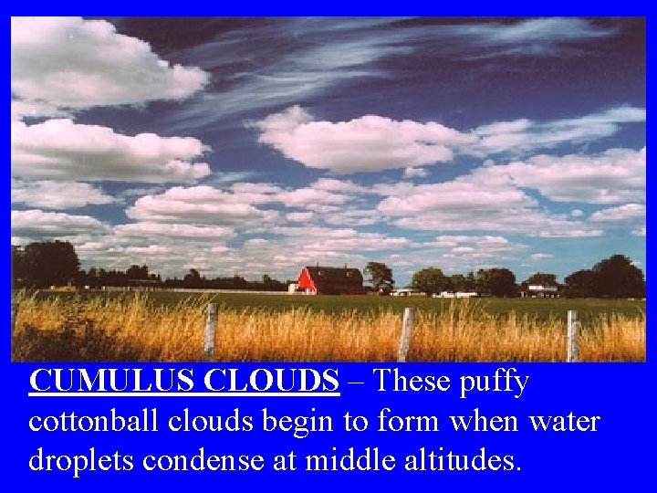 CUMULUS CLOUDS – These puffy cottonball clouds begin to form when water droplets condense