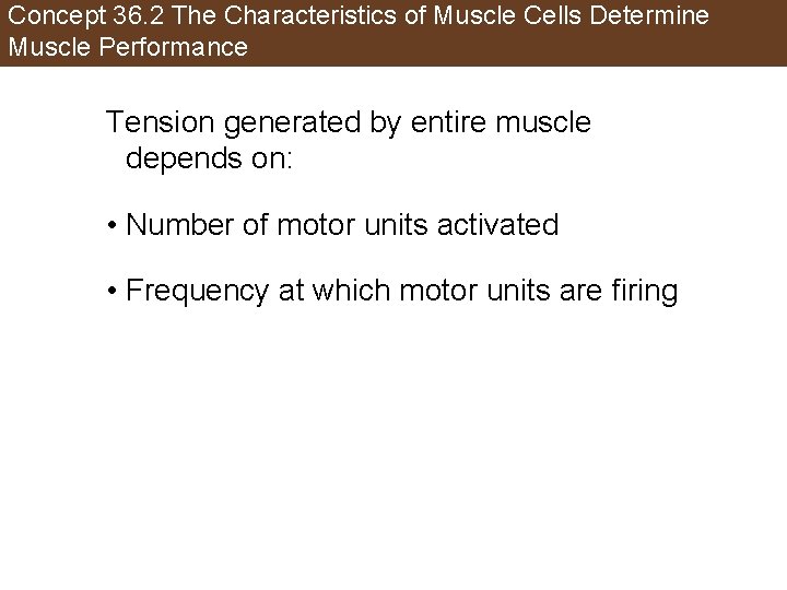 Concept 36. 2 The Characteristics of Muscle Cells Determine Muscle Performance Tension generated by