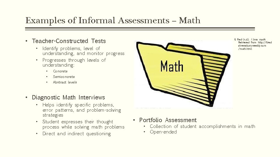 Examples of Informal Assessments – Math • Teacher-Constructed Tests • • 6 Red (n. Examples of Informal Assessments – Math • Teacher-Constructed Tests • • 6 Red (n.