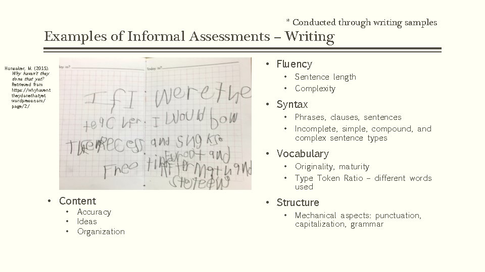 * Conducted through writing samples Examples of Informal Assessments – Writing • Fluency Hunsaker, * Conducted through writing samples Examples of Informal Assessments – Writing • Fluency Hunsaker,