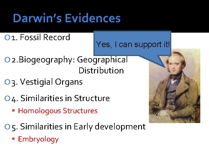 Darwin’s Evidences 1. Fossil Record Yes, I can support it! 2. Biogeography: Geographical Distribution