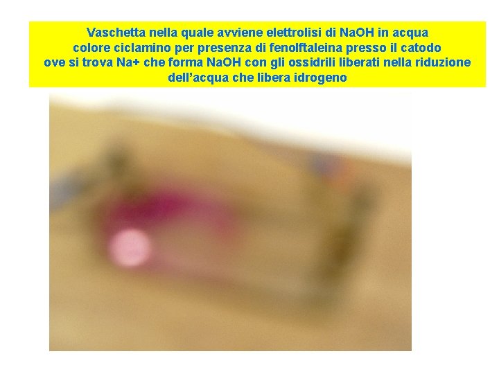 Vaschetta nella quale avviene elettrolisi di Na. OH in acqua colore ciclamino per presenza