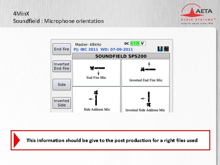 4 Min. X Soundfield : Microphone orientation 3” TFT display This information should be