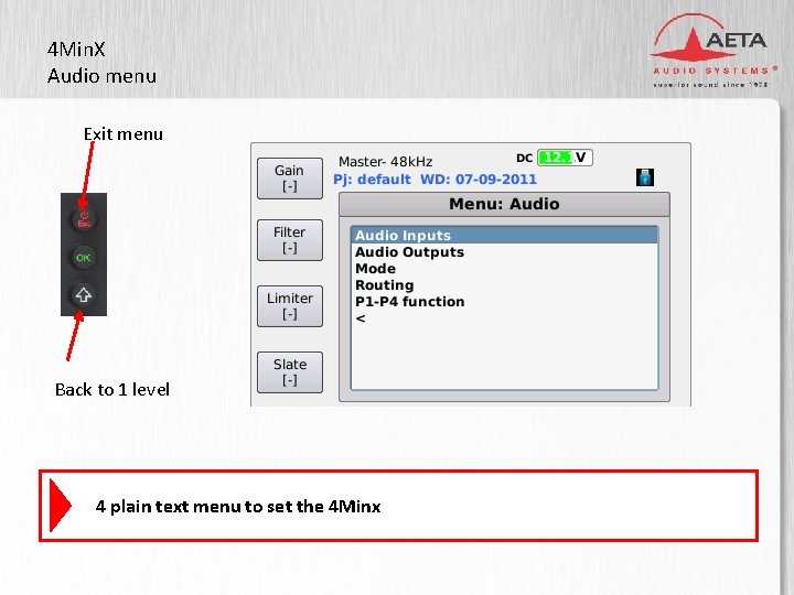 4 Min. X Audio menu Exit menu Back to 1 level 4 plain text