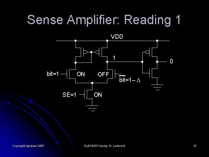 Sense Amplifier: Reading 1 VDD 1 bit=1 ON SE=1 Copyright Agrawal, 2007 OFF 0