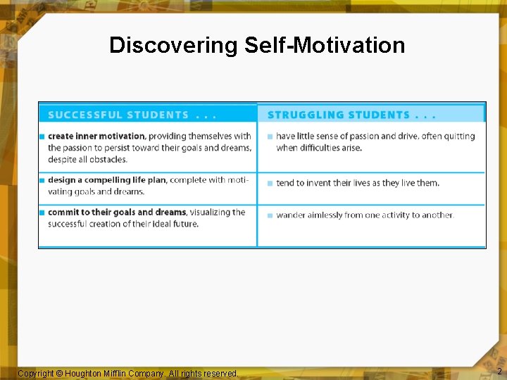 Discovering Self-Motivation Copyright © Houghton Mifflin Company. All rights reserved. 2 