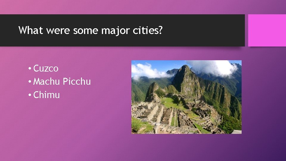 What were some major cities? • Cuzco • Machu Picchu • Chimu 