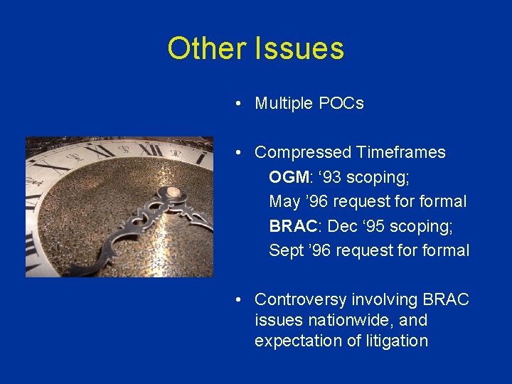 Other Issues • Multiple POCs • Compressed Timeframes OGM: ‘ 93 scoping; May ’